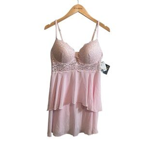 NWT Cinema Etoile Ice Pink 2 Piece Baby Doll Top and Thong Lingerie Set Size XL